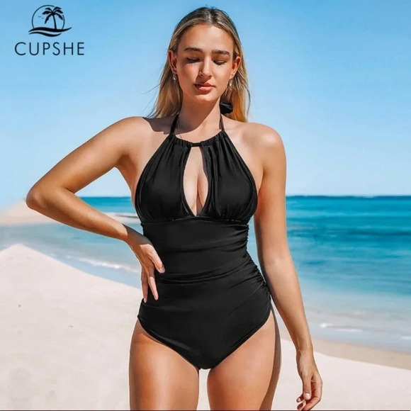 Cupshe Keep Secrets Black Halter One Piece Small - Picture 1 of 5